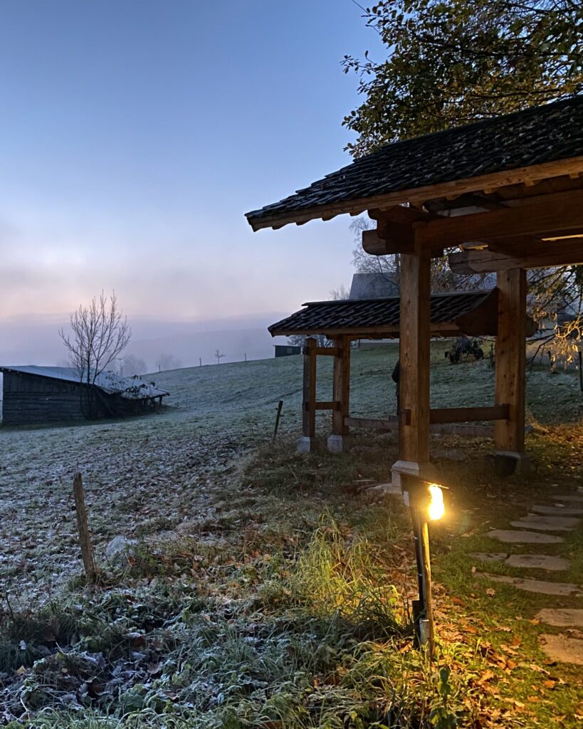 Torhaus des Johanneshofs im Herbstlicht, Morgennebel über der Wiese
